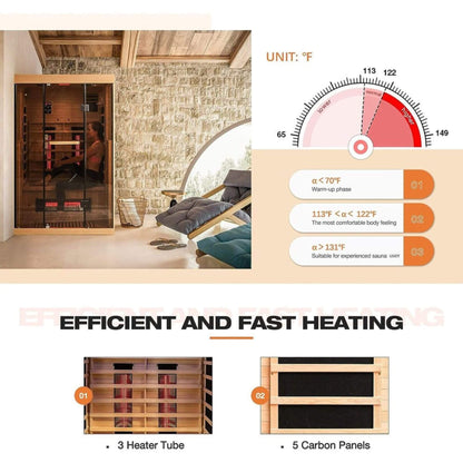 Thermora Luxury 2-Person Low EMF FAR Infrared Heat Wood Home Personal Spa Sauna W/ Panoramic Tempered Glass, 2000W