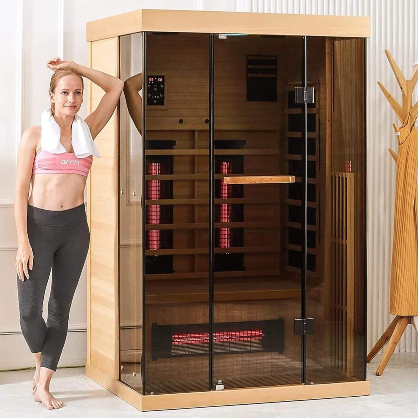 Thermora Luxury 2-Person Low EMF FAR Infrared Heat Wood Home Personal Spa Sauna W/ Panoramic Tempered Glass, 2000W