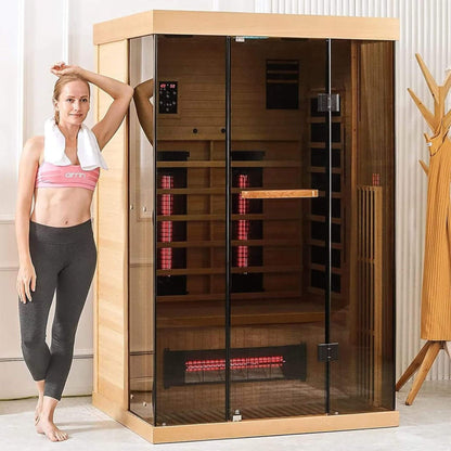 Thermora Luxury 2-Person Low EMF FAR Infrared Heat Wood Home Personal Spa Sauna W/ Panoramic Tempered Glass, 2000W