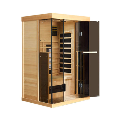 Thermora Luxury 2-Person Low EMF FAR Infrared Heat Wood Home Personal Spa Sauna W/ Panoramic Tempered Glass, 2000W