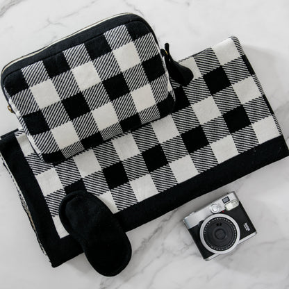 Plaid Organic Cotton Travel Blanket and Eye Mask Set