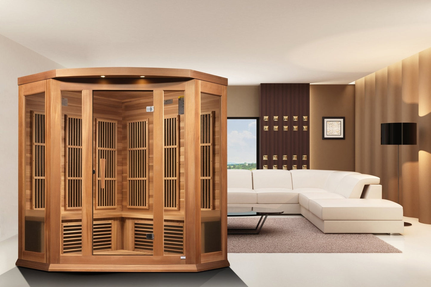 Maxxus 3-Person Corner Low EMF FAR Infrared Sauna – Canadian Hemlock