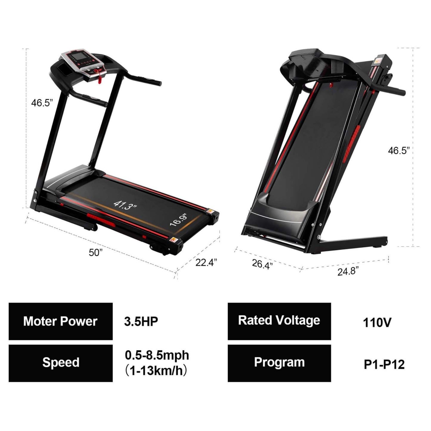 Rovix Portable 3.5HP Space Saving Folding Treadmill W/ Incline & 12 Preset Programs