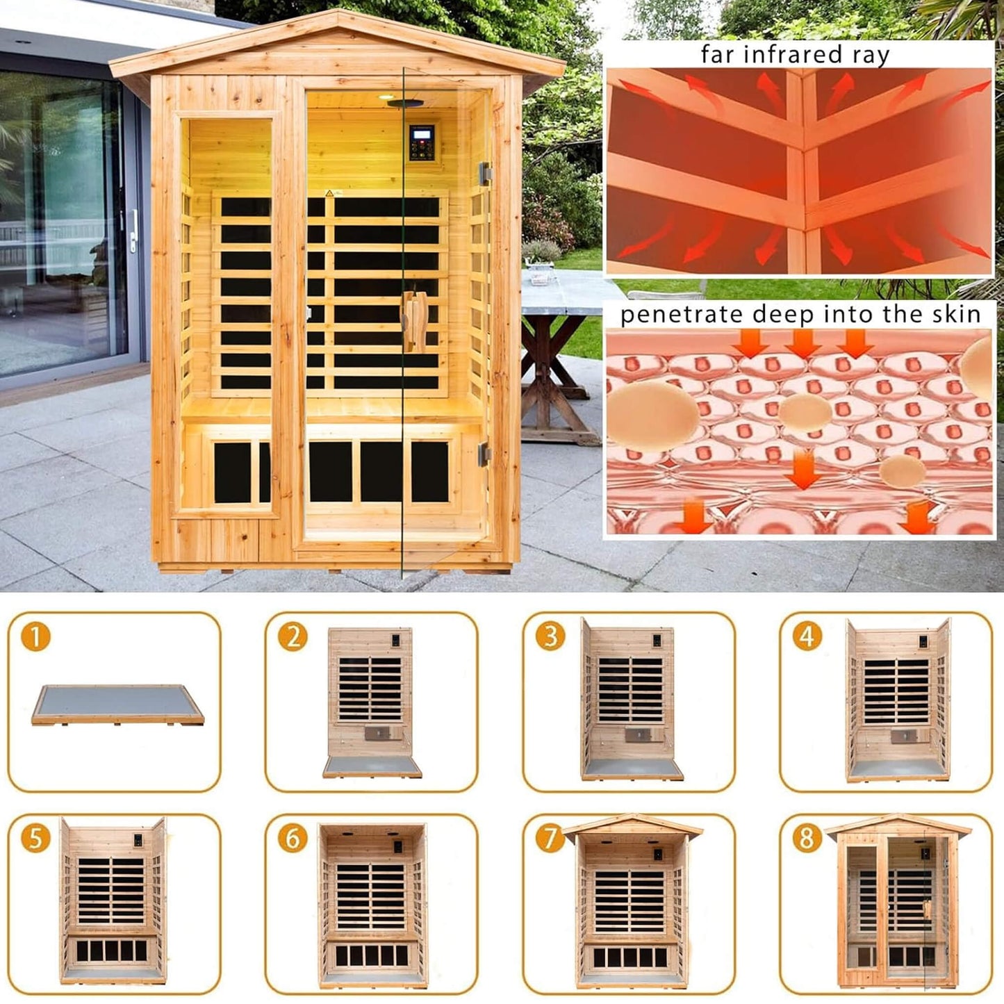 Thermora Premium 2-Person Indoor Outdoor Low EMF FAR-Infrared Hemlock Wood Personal Home Sauna Spa, 1750W