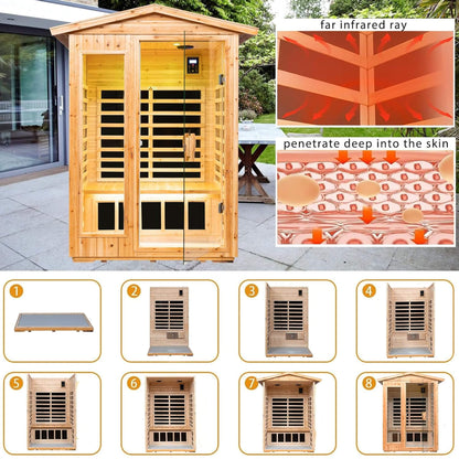 Thermora Premium 2-Person Indoor Outdoor Low EMF FAR-Infrared Hemlock Wood Personal Home Sauna Spa, 1750W