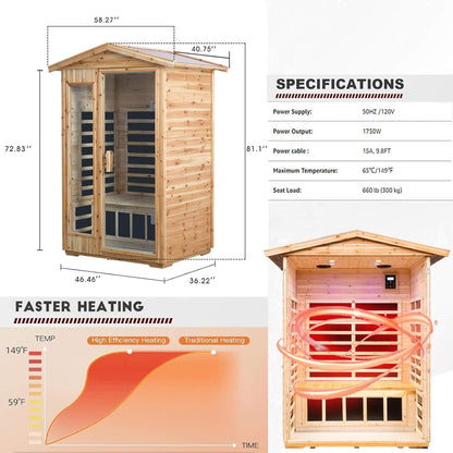 Thermora Premium 2-Person Indoor Outdoor Low EMF FAR-Infrared Hemlock Wood Personal Home Sauna Spa, 1750W