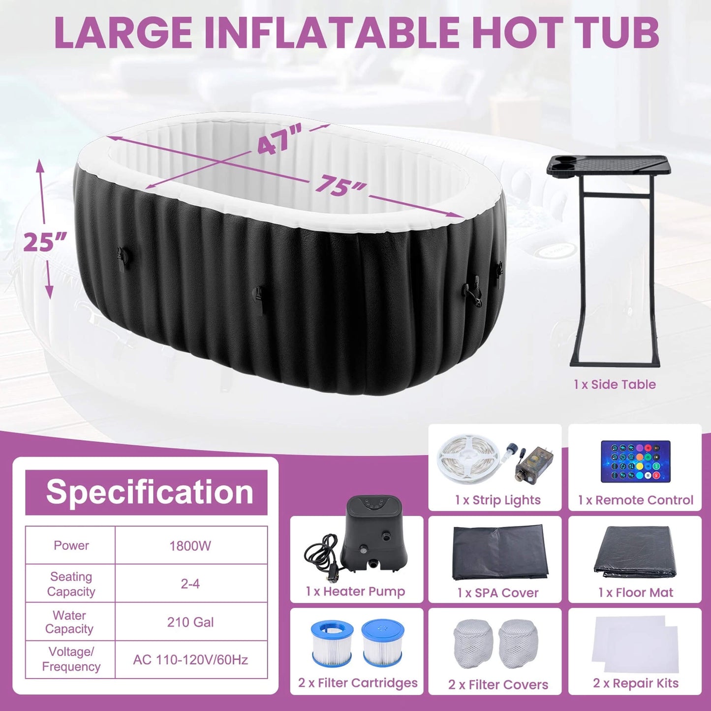 Premium 2-Person Inflatable Hot Tub Kit With 8-Color LED Lights