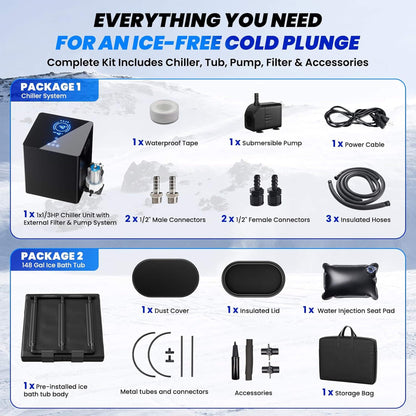 FCP Premium 2XL 148 Gal Cold Plunge Tub Kit With 1/3 HP Chiller, Filter, And Pump