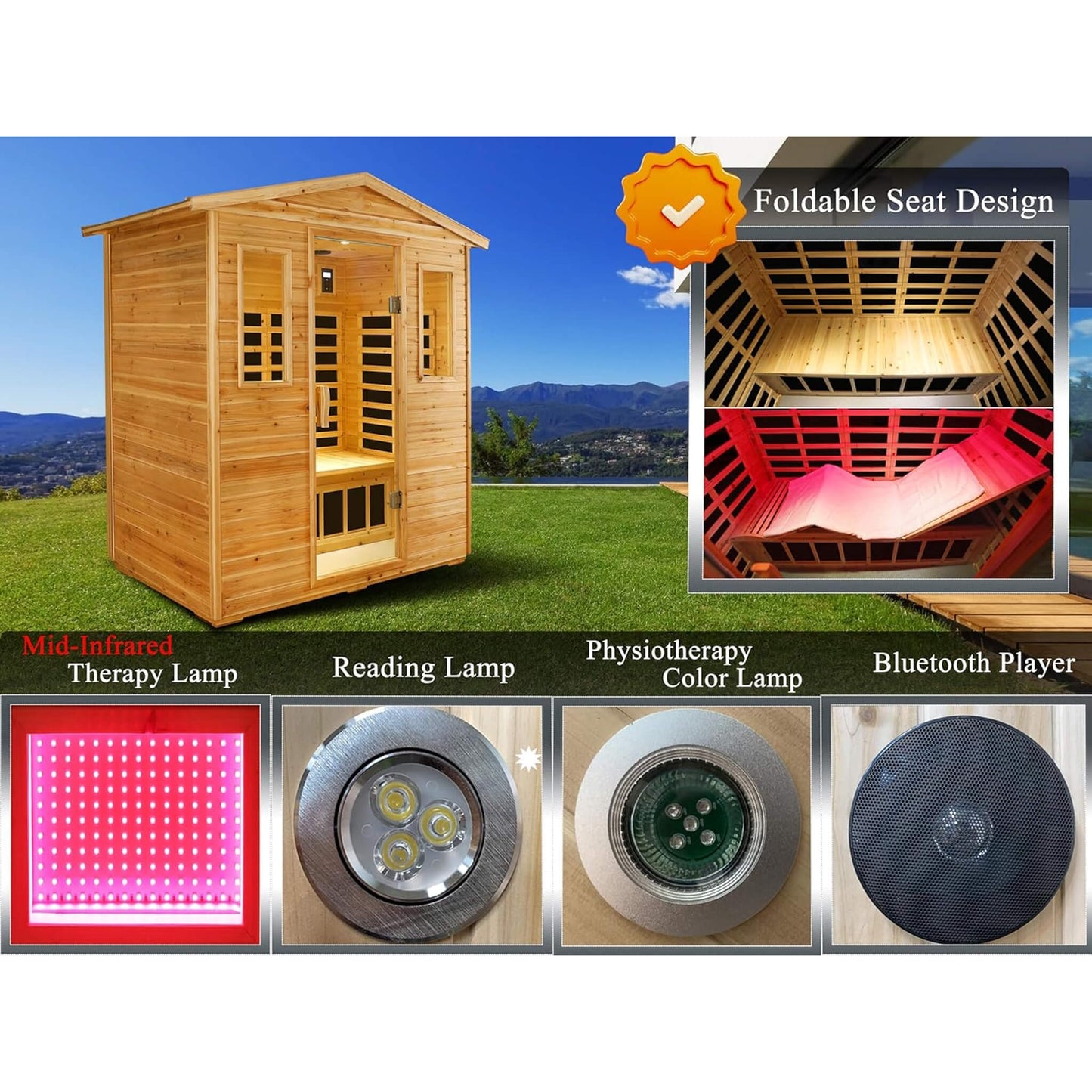 Thermora Deluxe 3-Person Outdoor Full Spectrum Low EMF Infrared Home Sauna With Bluetooth Speakers And LED Reading Light