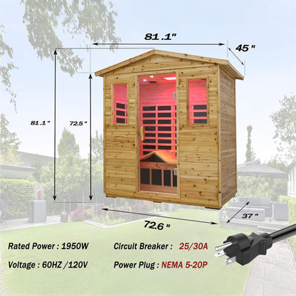 Thermora Deluxe 3-Person Outdoor Full Spectrum Low EMF Infrared Home Sauna With Bluetooth Speakers And LED Reading Light