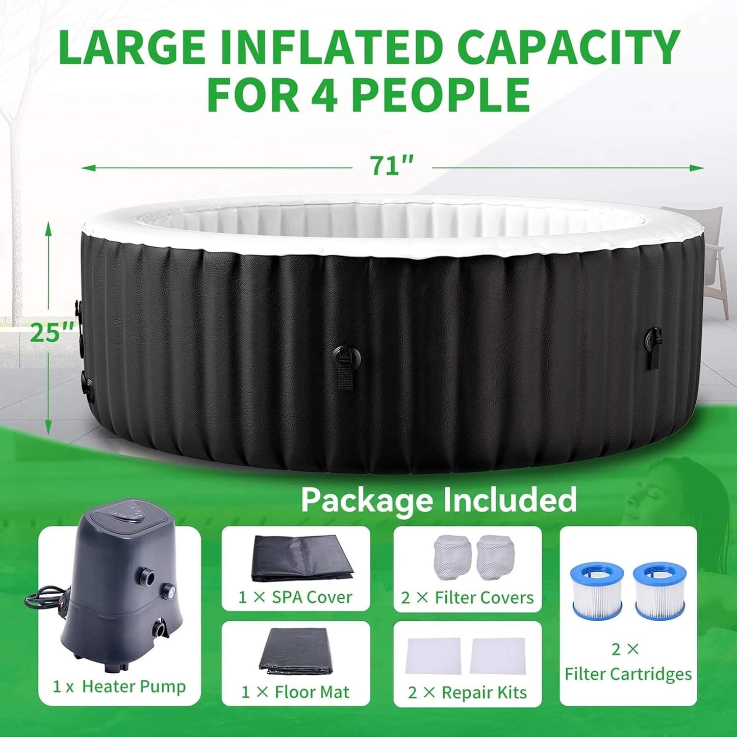 Premium Large 4-Person Inflatable Hot Tub Kit With 8-Color LED Lights
