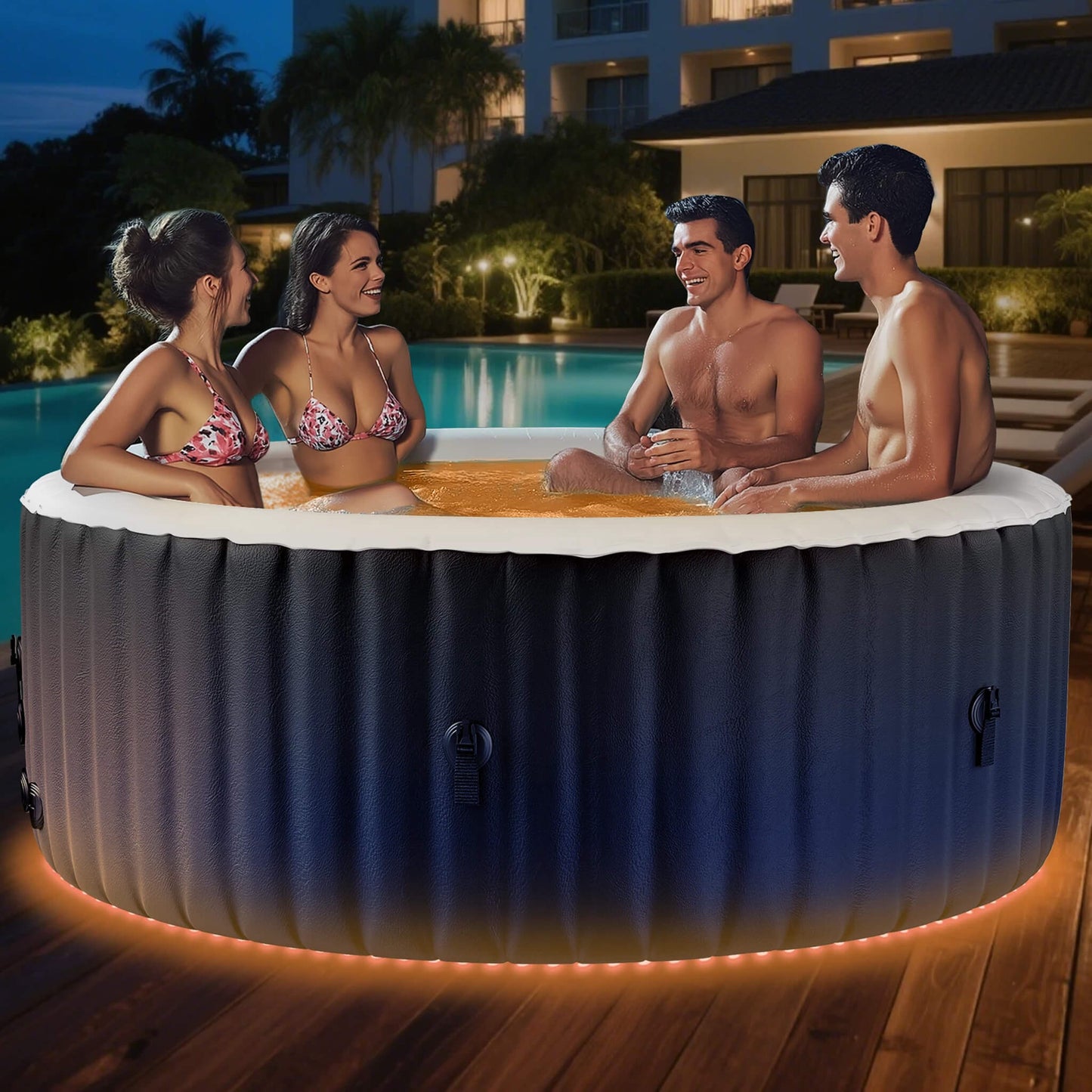 Premium Large 4-Person Inflatable Hot Tub Kit With 8-Color LED Lights