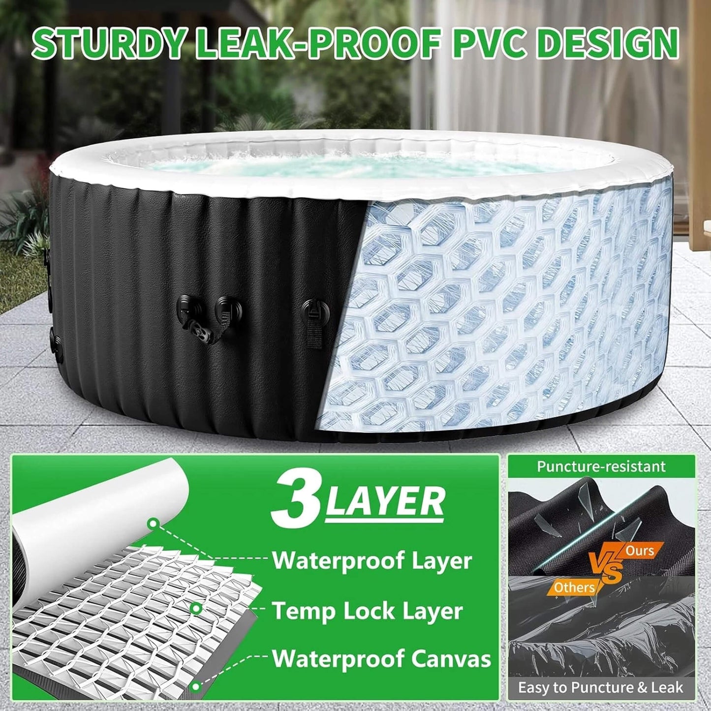 Premium Large 4-Person Inflatable Hot Tub Kit With 8-Color LED Lights