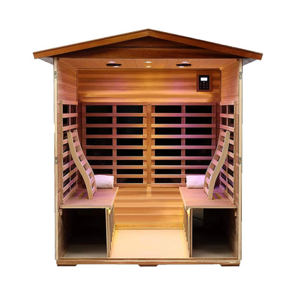 Thermora Deluxe 4-Person Outdoor Mahogany Full Spectrum Ultra-Low EMF FAR Infrared Sauna With Chromotherapy And Bluetooth Speakers