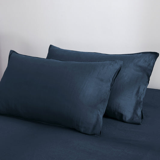 100% Pure French Linen Pillowcases (Set of 2) - Navy