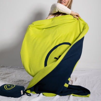 Smiley Cross Eyed Organic Cotton Travel Blanket and Eye Mask Set