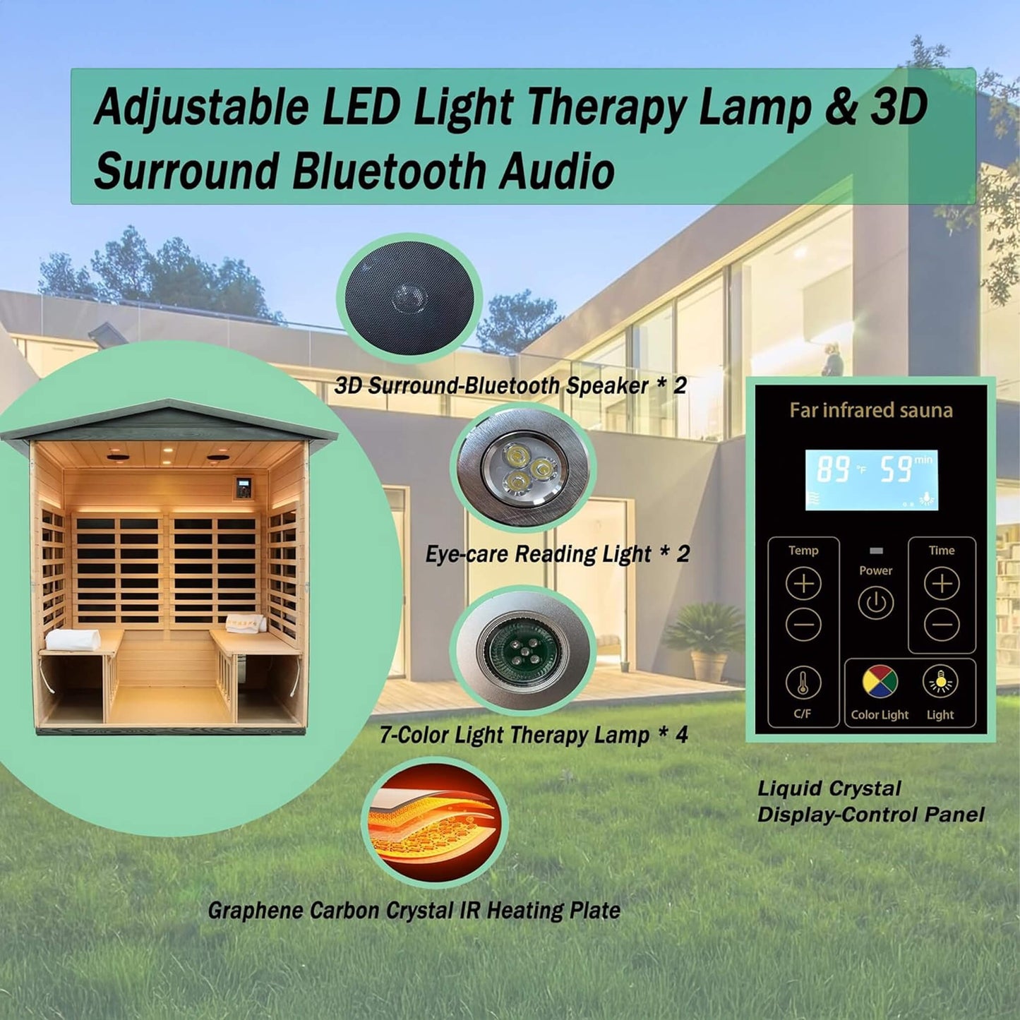 Thermora 4-Person Full-Spectrum Low EMF Carbonized Composite Infrared Sauna Room With Bluetooth Speakers