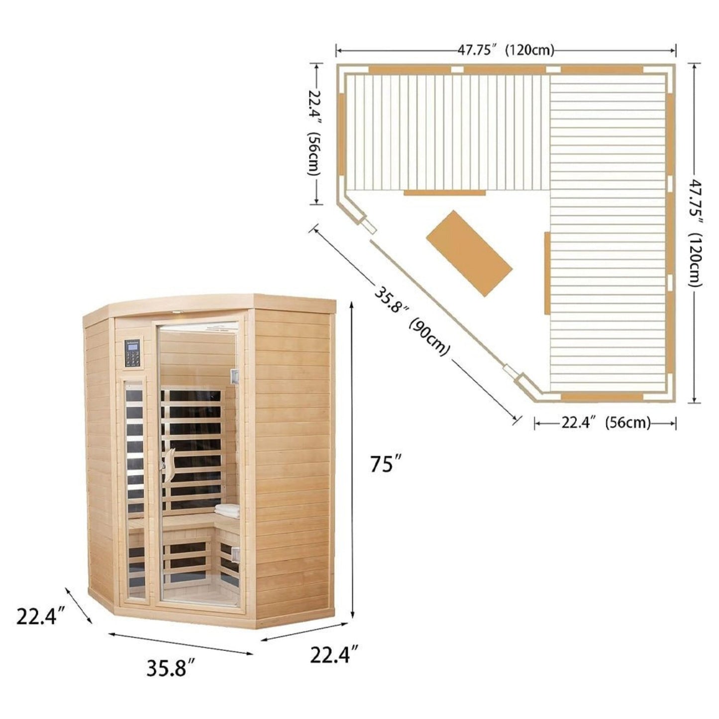 Thermora Premium 2-Person Corner Space Infrared Wooden Sauna Room With Bluetooth Speakers, 1600W