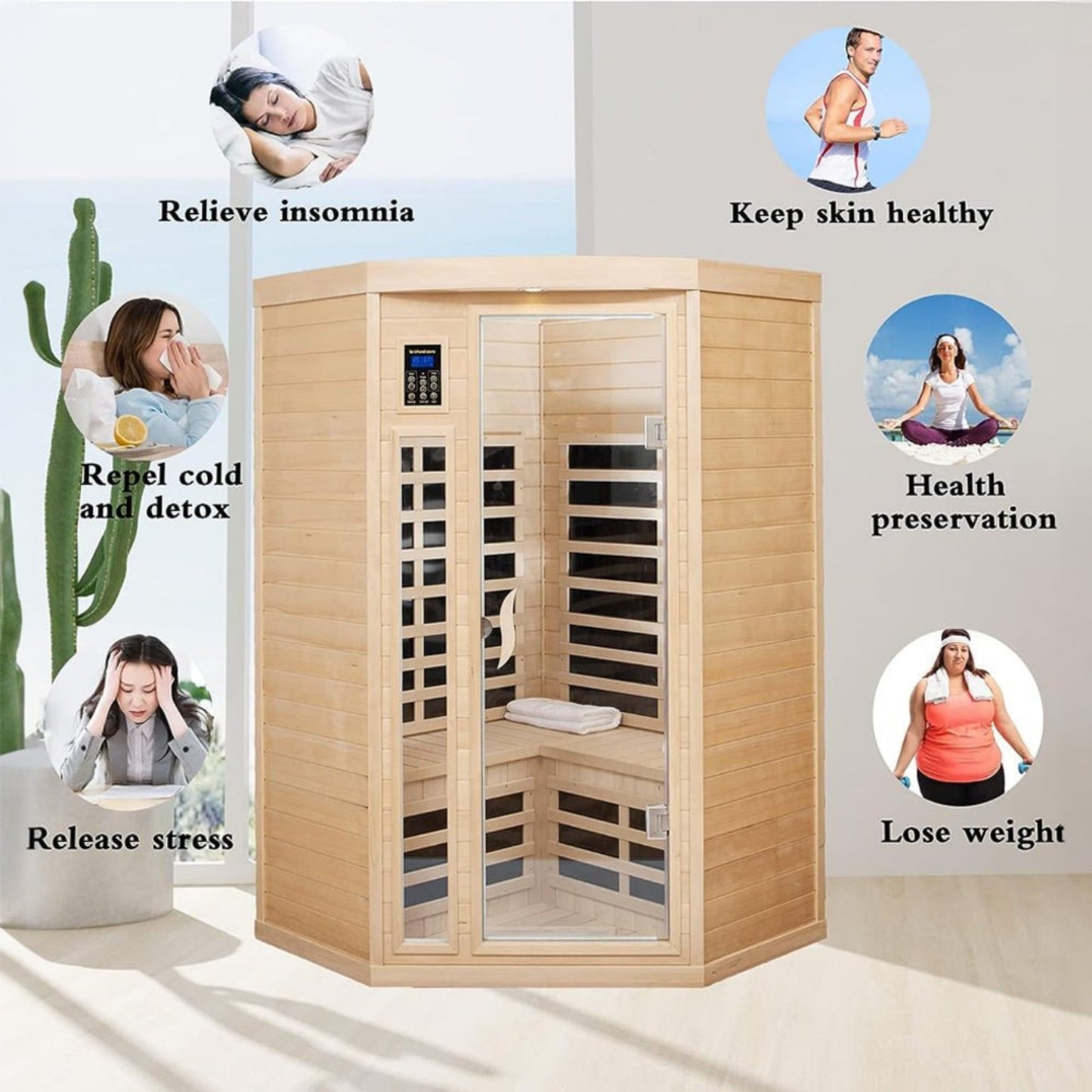 Thermora Premium 2-Person Corner Space Infrared Wooden Sauna Room With Bluetooth Speakers, 1600W