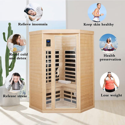 Thermora Premium 2-Person Corner Space Infrared Wooden Sauna Room With Bluetooth Speakers, 1600W