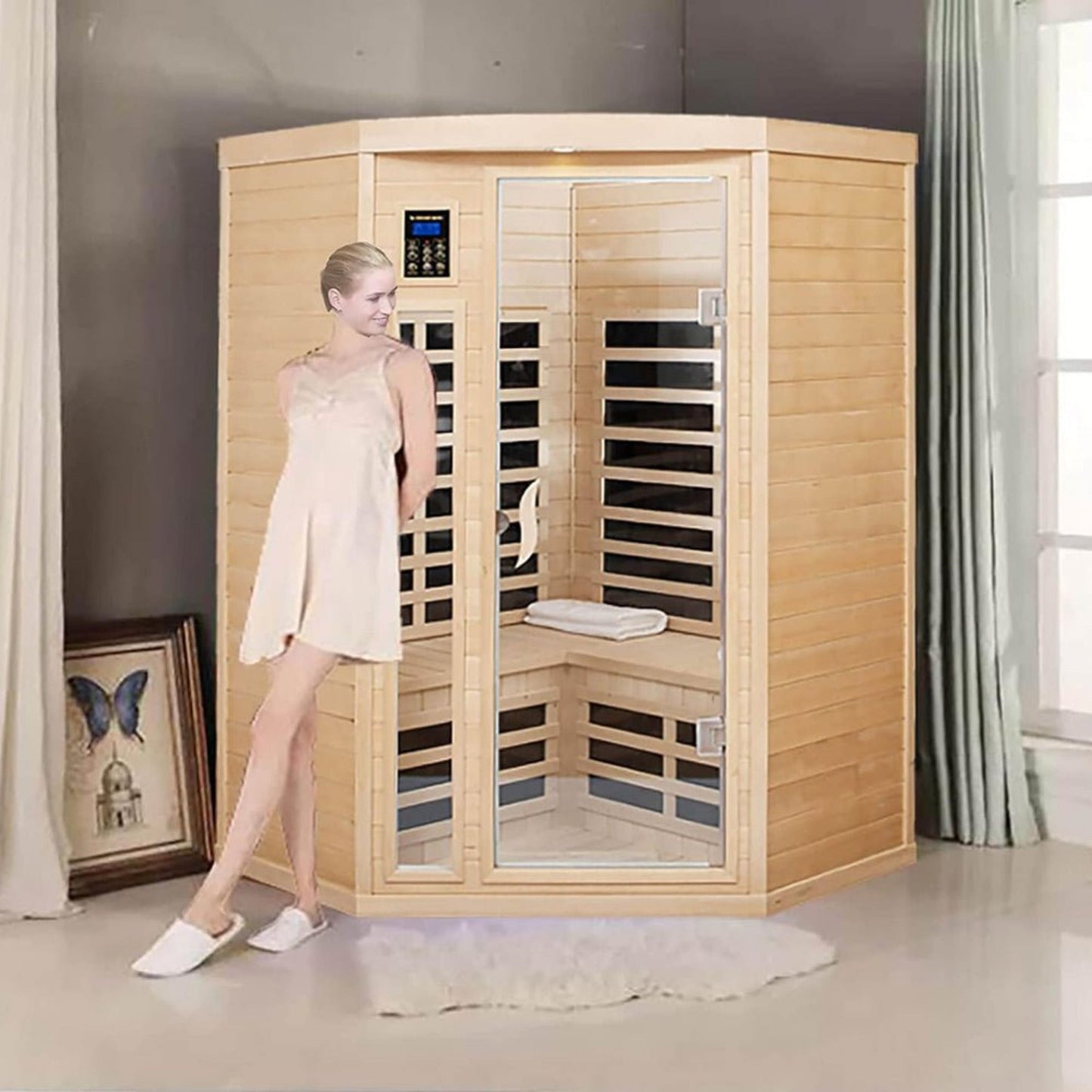 Thermora Premium 2-Person Corner Space Infrared Wooden Sauna Room With Bluetooth Speakers, 1600W
