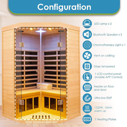 Thermora Premium 2-Person Corner Space Infrared Wooden Sauna Room With Bluetooth Speakers, 1600W