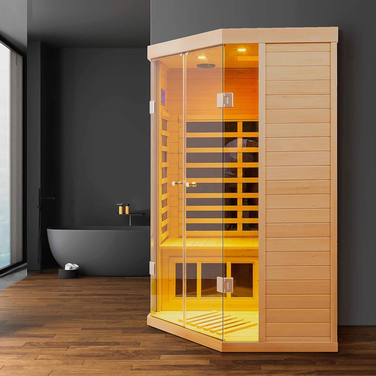 Thermora Premium 2-Person Corner Space Infrared Wooden Sauna Room With Bluetooth Speakers, 1600W