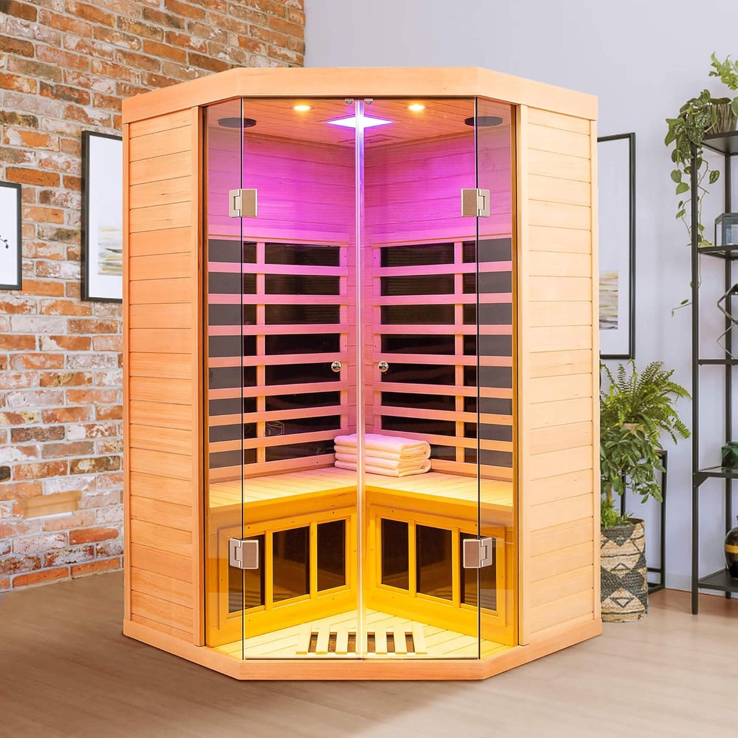 Thermora Premium 2-Person Corner Space Infrared Wooden Sauna Room With Bluetooth Speakers, 1600W