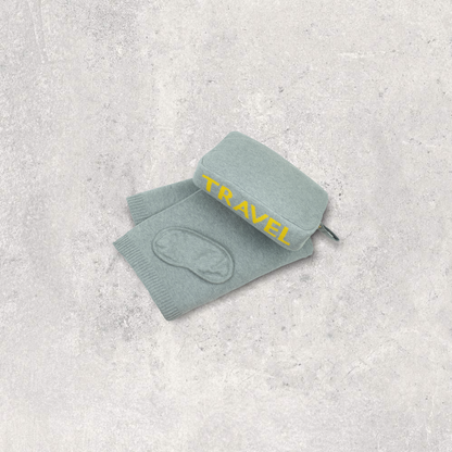 Words Travel Organic Cotton Travel Blanket and Eye Mask Set - Lt Grey Mel/Yellow